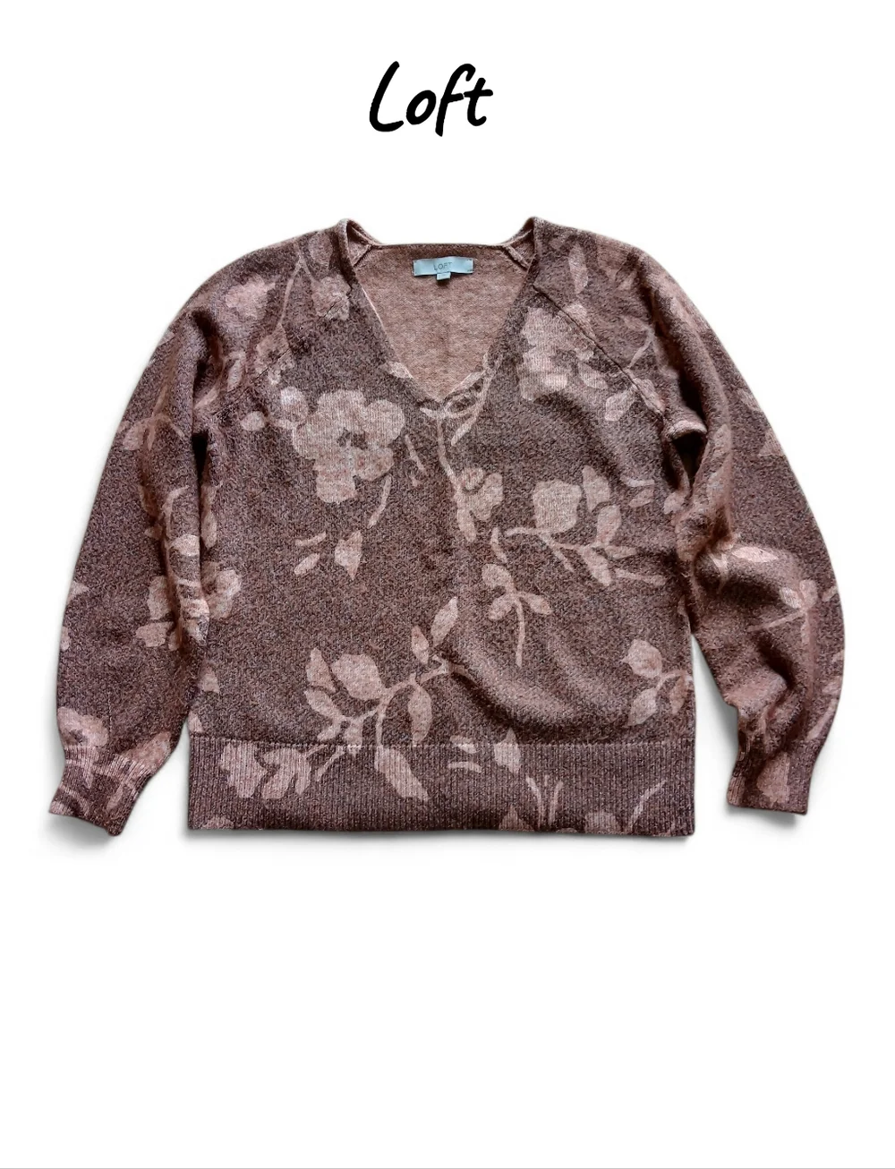 LOFT Size Large Dusty Rose Floral V-Neck Sweater
